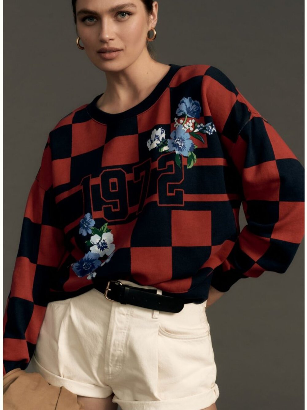 Maeve Anthro 1972 Checked Floral Crew Sweatshirt Red XXS